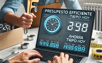 La escena incluye a un fontanero ocupado sosteniendo una llave inglesa y una computadora portátil.