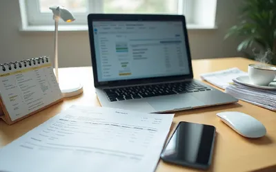 a computer with paper, estimates and invoices