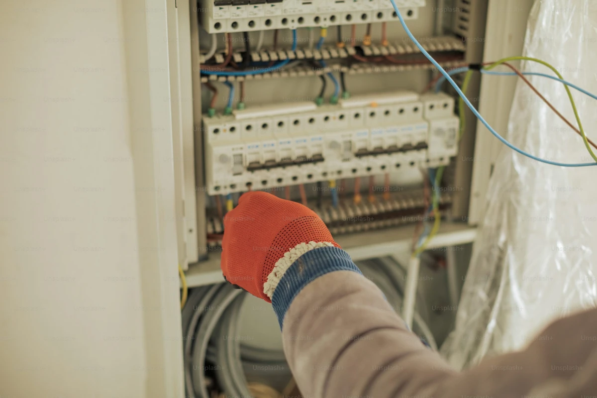 a worker fixing an electrical panel