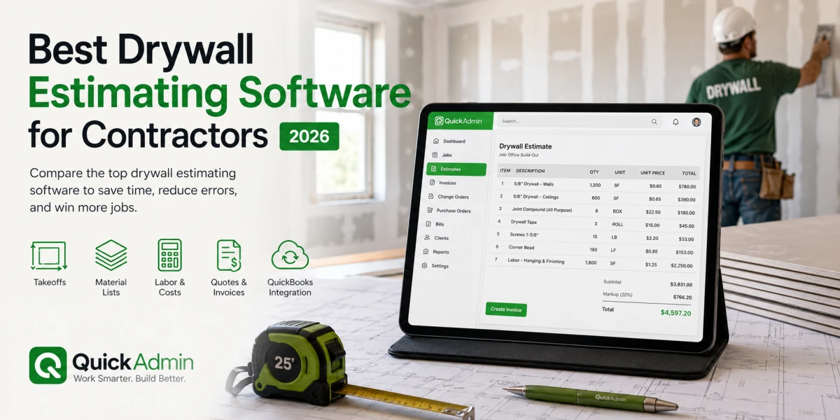 drywall estimating software for contractors 2026 with QuickAdmin estimate dashboard, drywall worker finishing a wall, material lists, labor costs, quotes, invoices, and QuickBooks integration