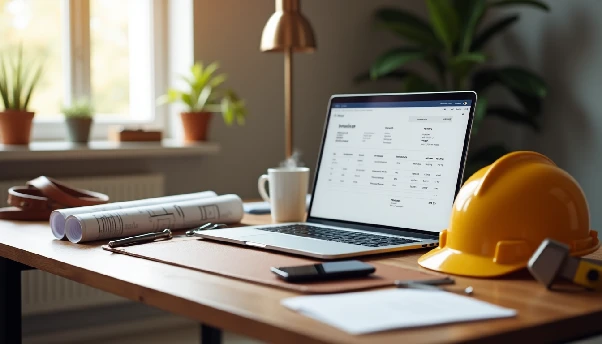 contractor creating invoices using software on laptop 2025