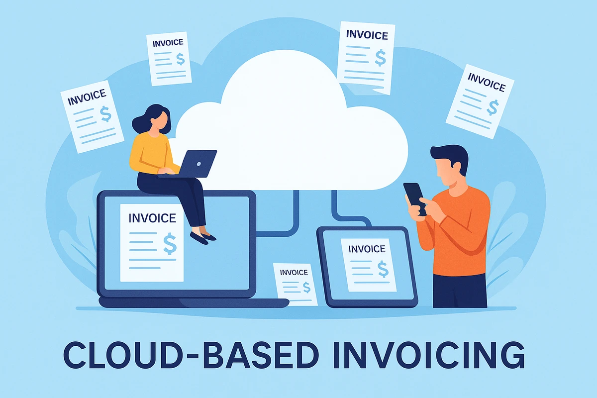 Digital illustration showing cloud-based invoicing with a woman using a laptop and a man using a smartphone, surrounded by floating digital invoices connected to a cloud platform.
