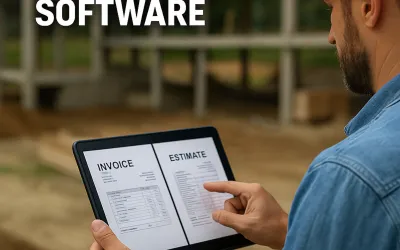 Contractor using cloud-based invoice and estimate software on a tablet at a construction site