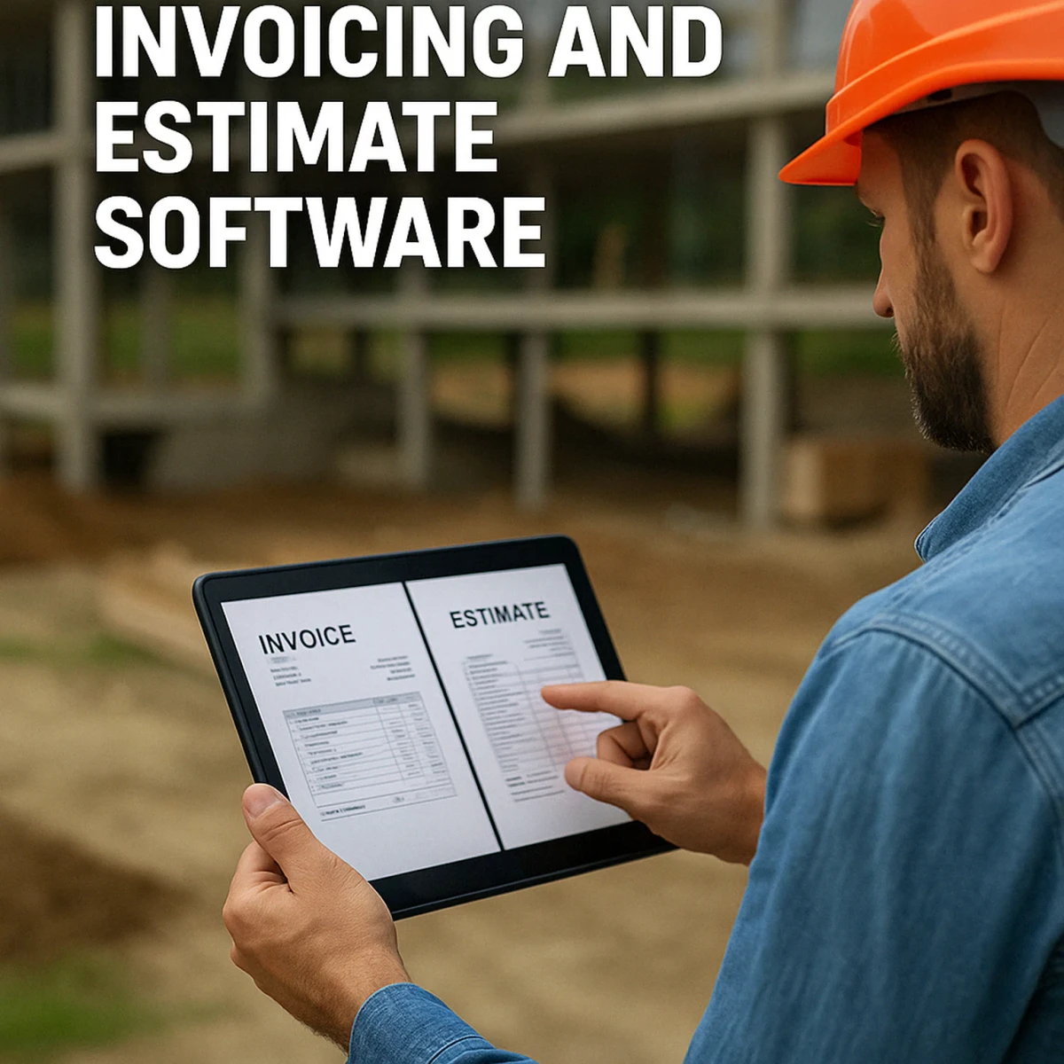Contractor using cloud-based invoice and estimate software on a tablet at a construction site