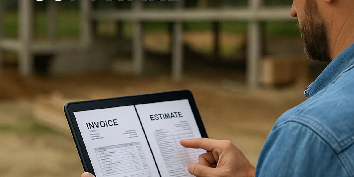 Contractor using cloud-based invoice and estimate software on a tablet at a construction site