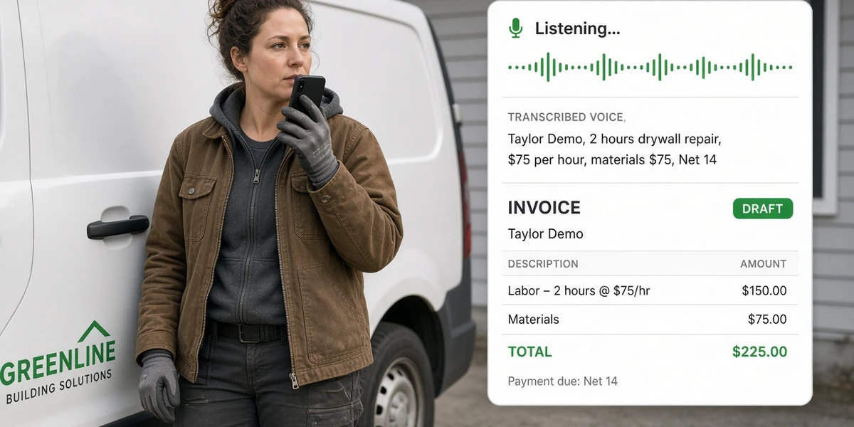 create invoice by voice on phone with QuickAdmin for contractors 2026