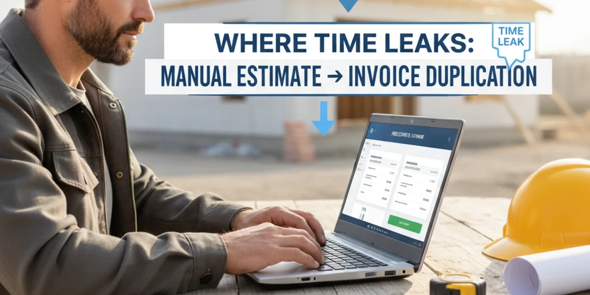 Contractor at a laptop converting an estimate into an invoice with payment status visible