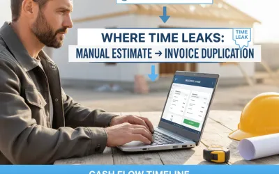 Contractor at a laptop converting an estimate into an invoice with payment status visible