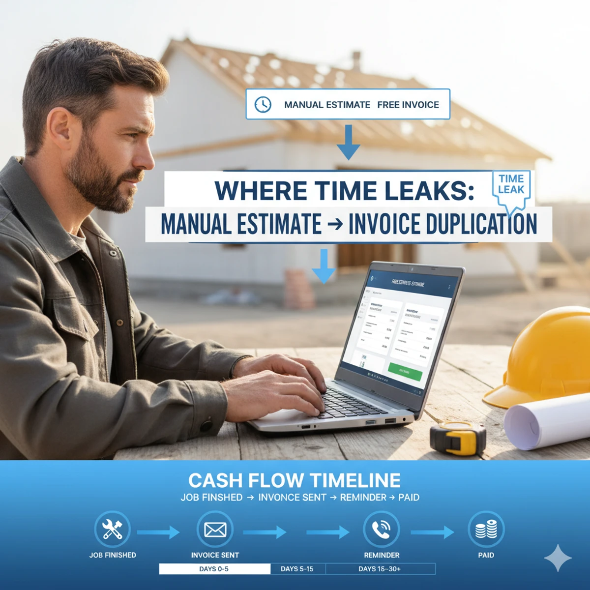 Contractor at a laptop converting an estimate into an invoice with payment status visible