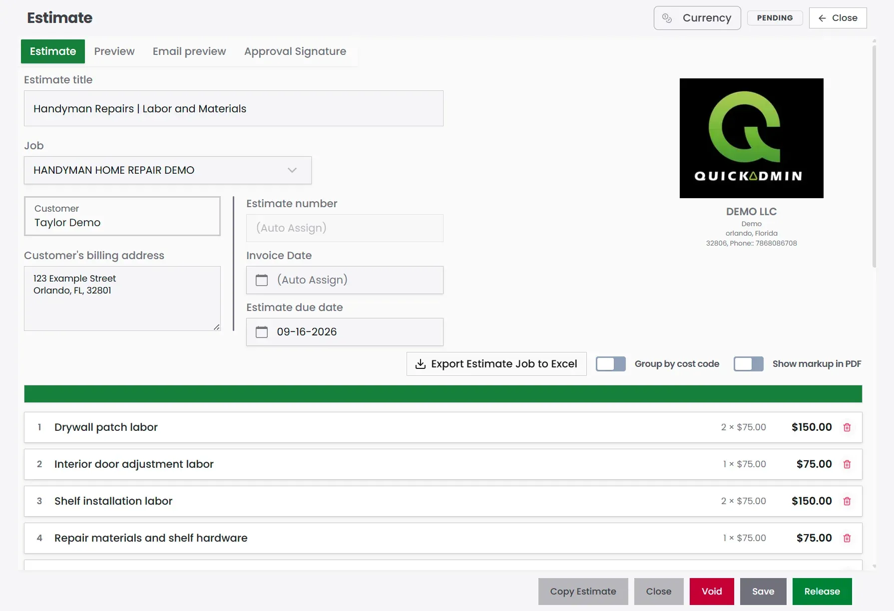 QuickAdmin handyman estimate with labor materials and line item totals