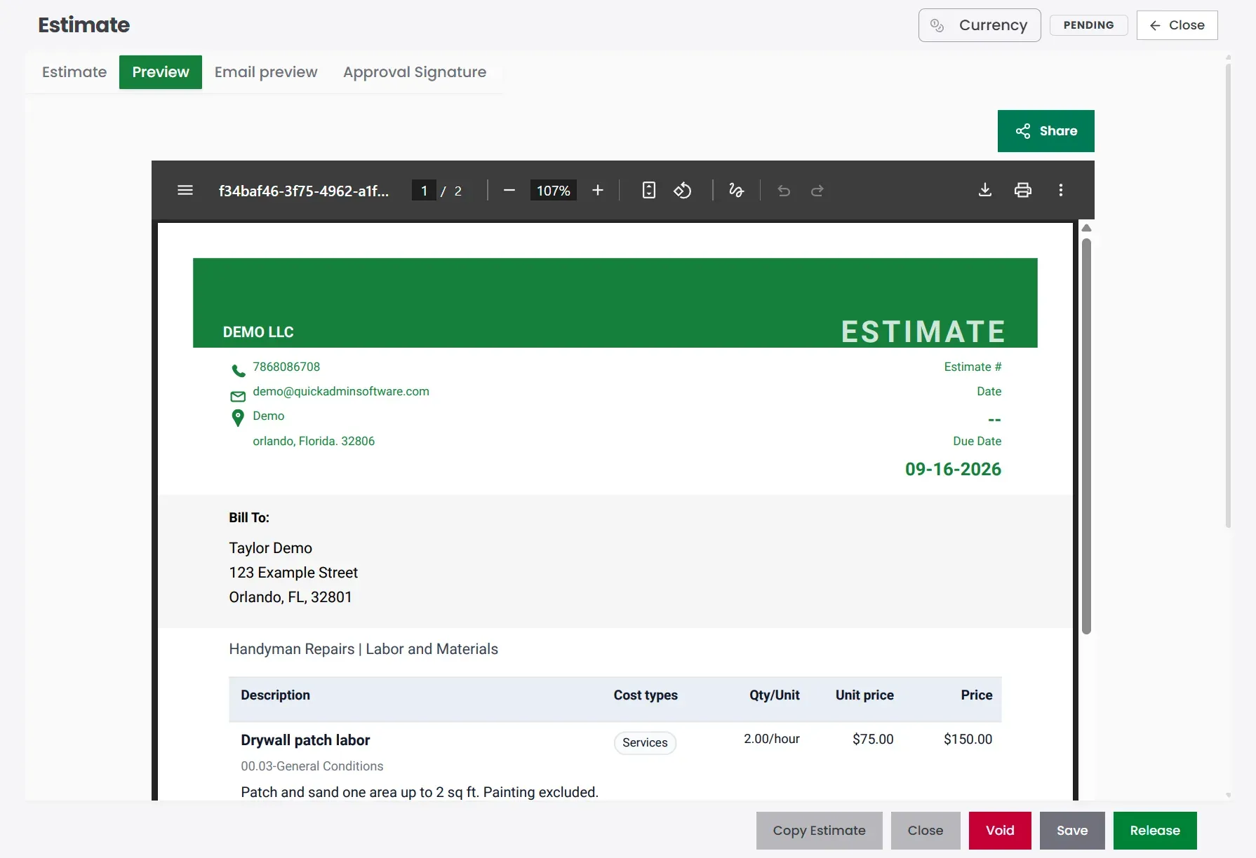 QuickAdmin handyman estimate PDF preview for Taylor Demo in Orlando