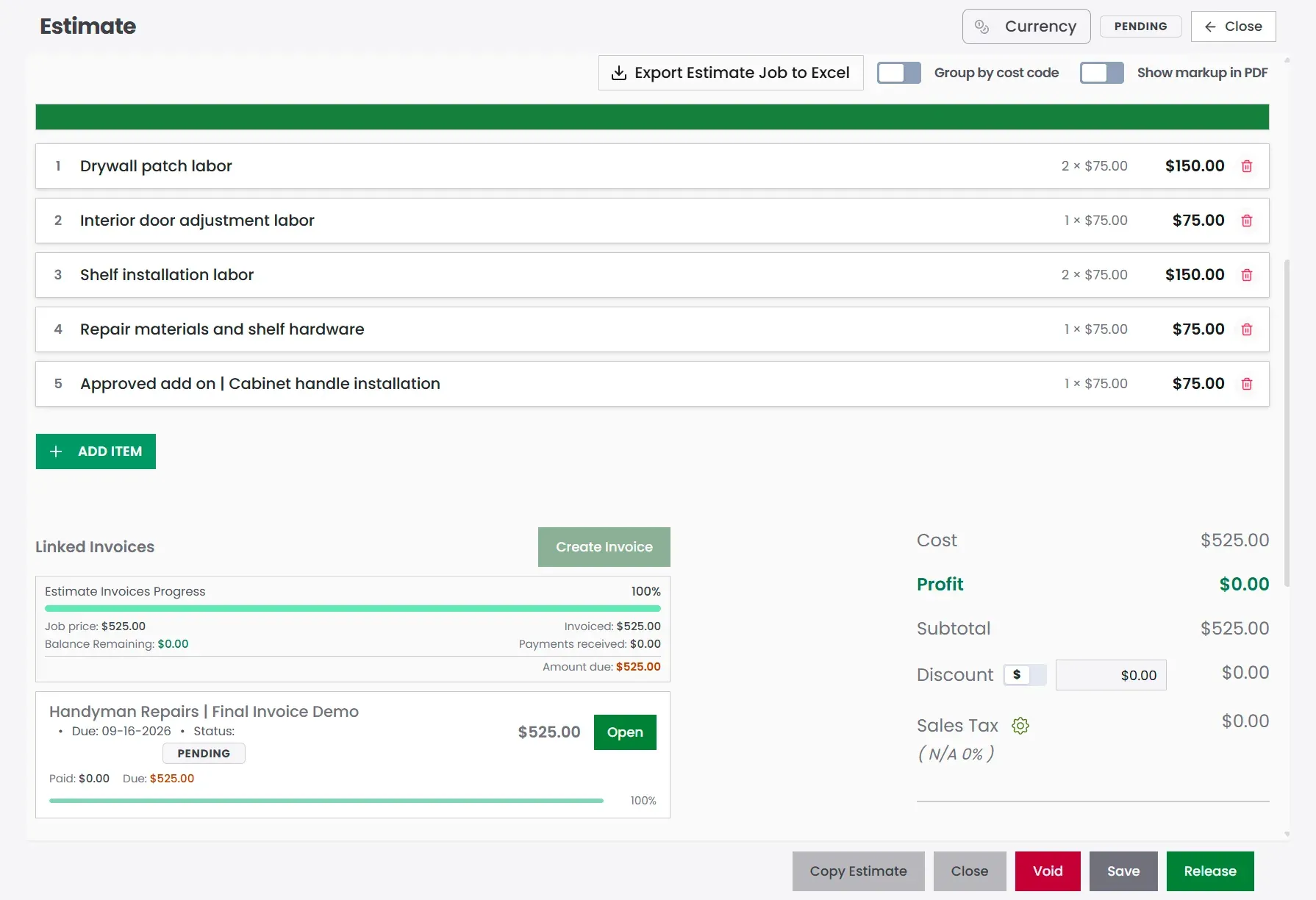 QuickAdmin handyman estimate add-on linked invoice progress and totals