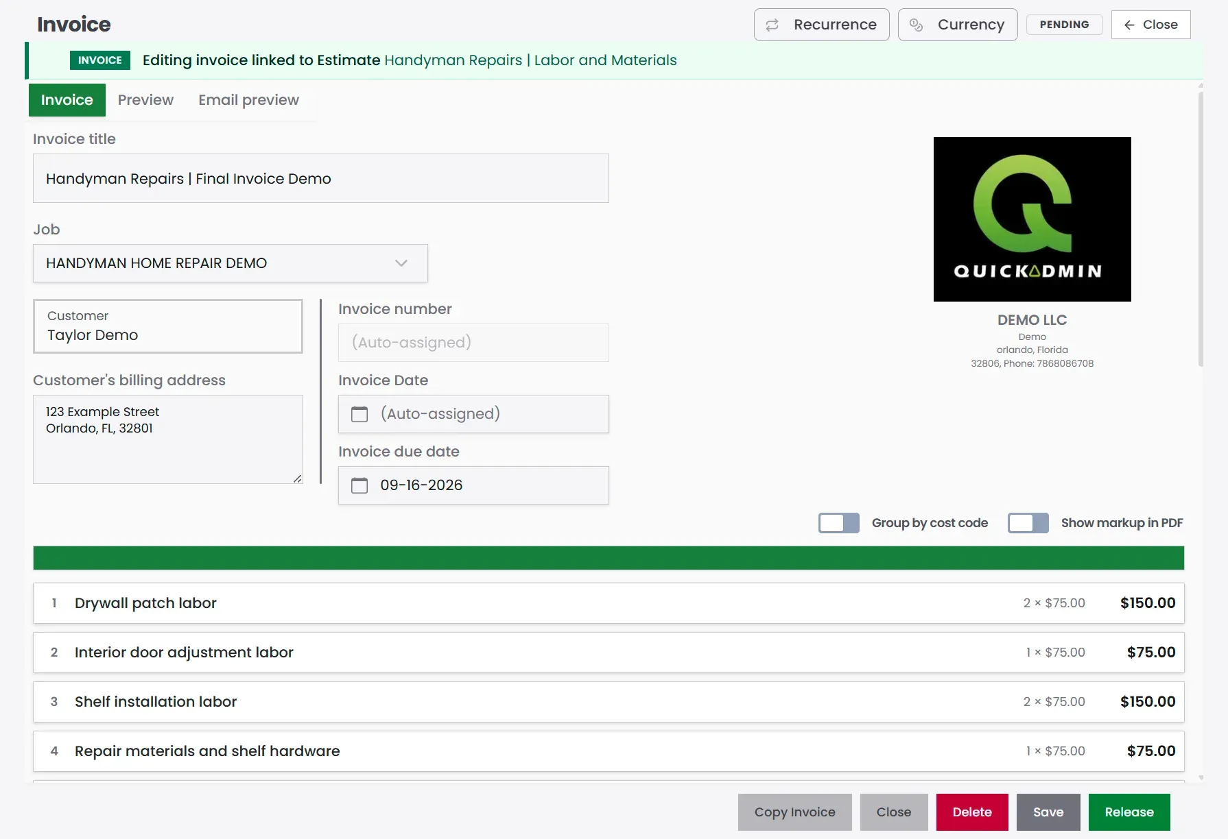QuickAdmin handyman invoice line items linked to the approved estimate