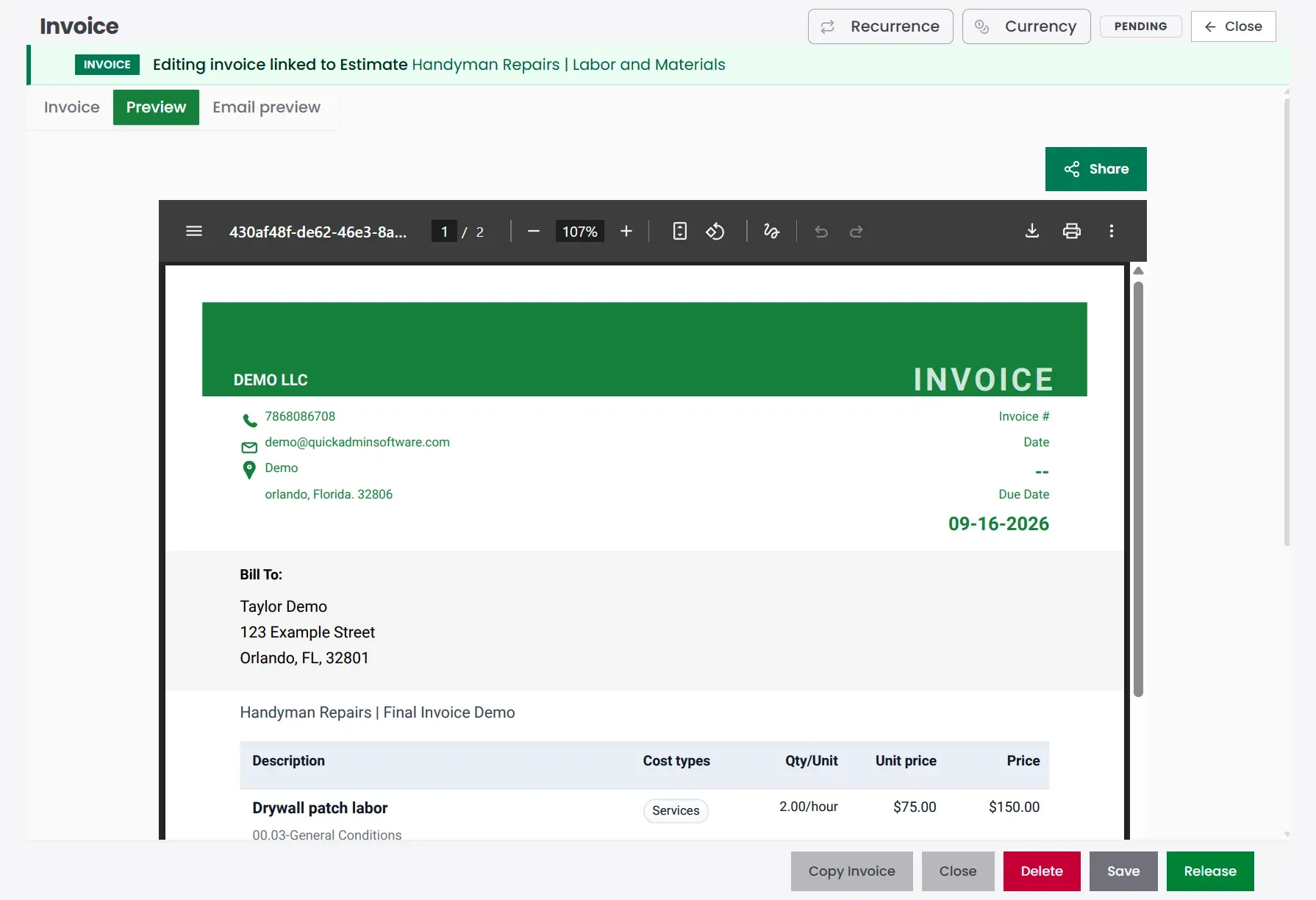 QuickAdmin handyman invoice PDF preview with line items and due date