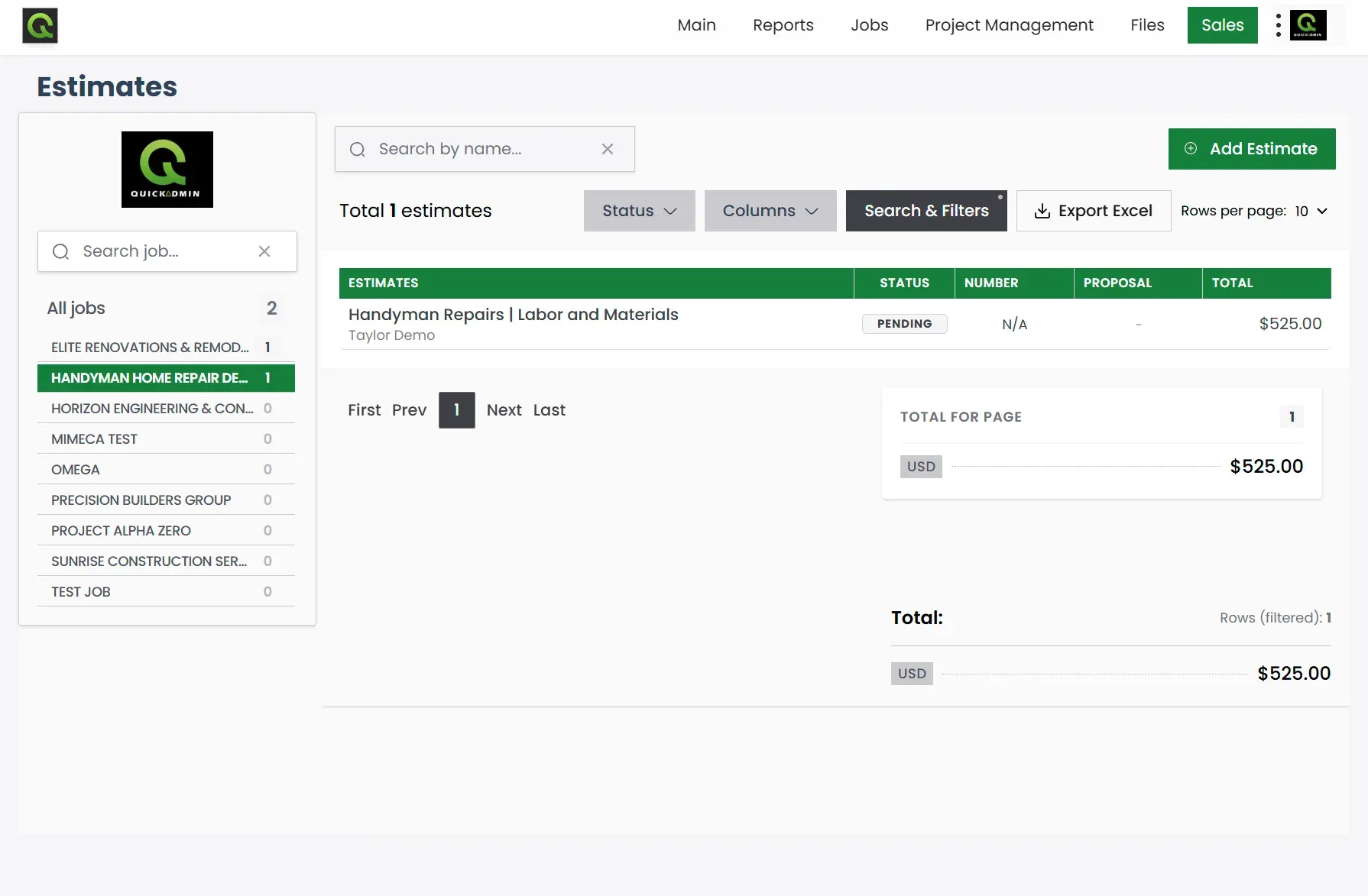 QuickAdmin job estimates list filtered to Handyman Home Repair Demo