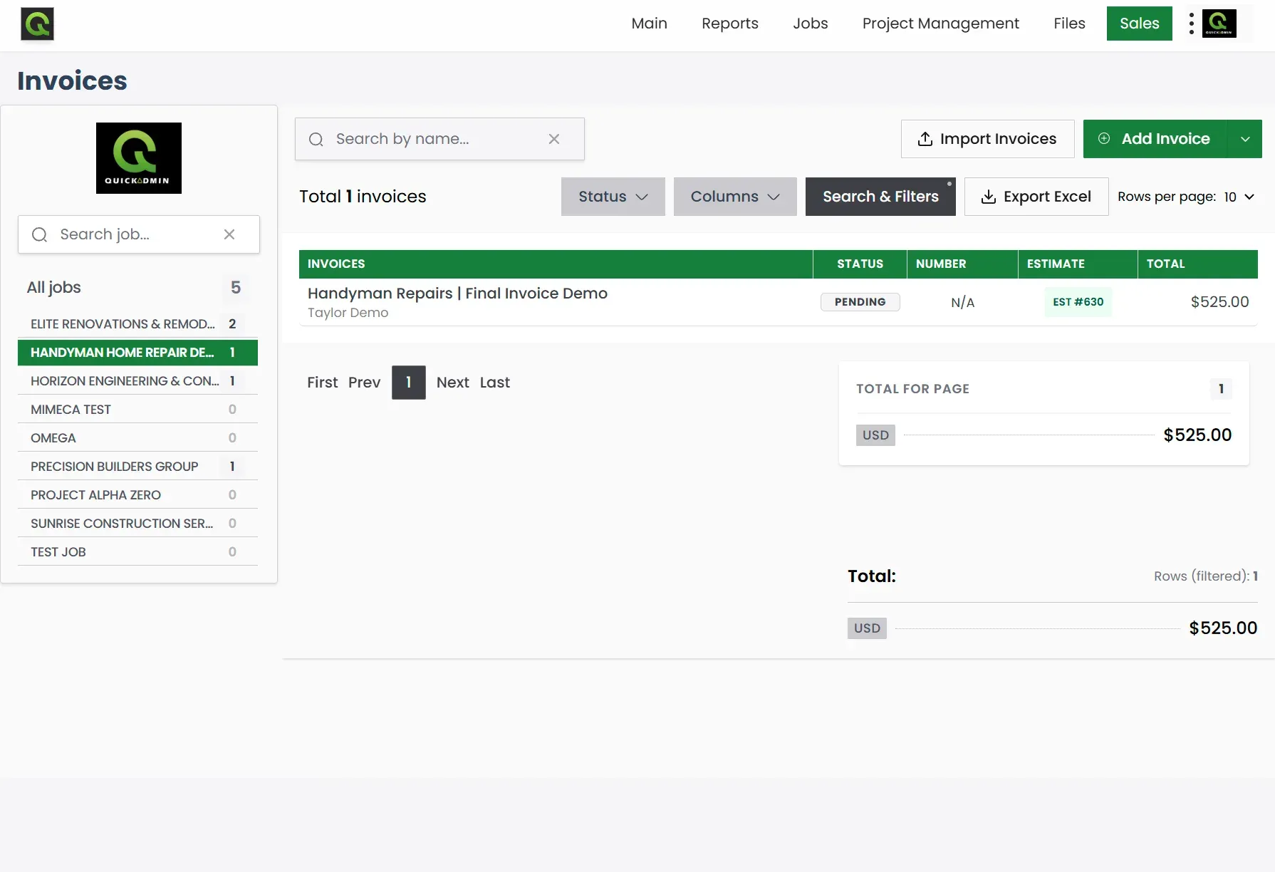 QuickAdmin job invoices list showing handyman invoice linked to estimate