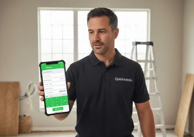 Professional contractor using the Quickadmin app on a smartphone to create an invoice at a home renovation job site.