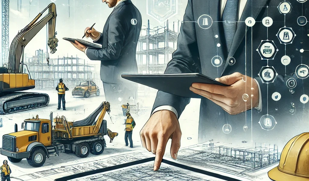 Professional illustration featuring contractors on a construction site using tablets and laptops with budgeting software. The scene includes construction blueprints, safety helmets, heavy machinery, and an organized environment showcasing innovation and efficiency in project management.
