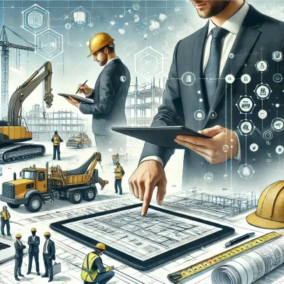 Ilustración profesional que muestra contratistas en un sitio de construcción utilizando tablets y laptops con software de presupuestación. La escena incluye planos de construcción, cascos de seguridad, maquinaria pesada y un entorno organizado que resalta la innovación y la eficiencia en la gestión de proyectos.