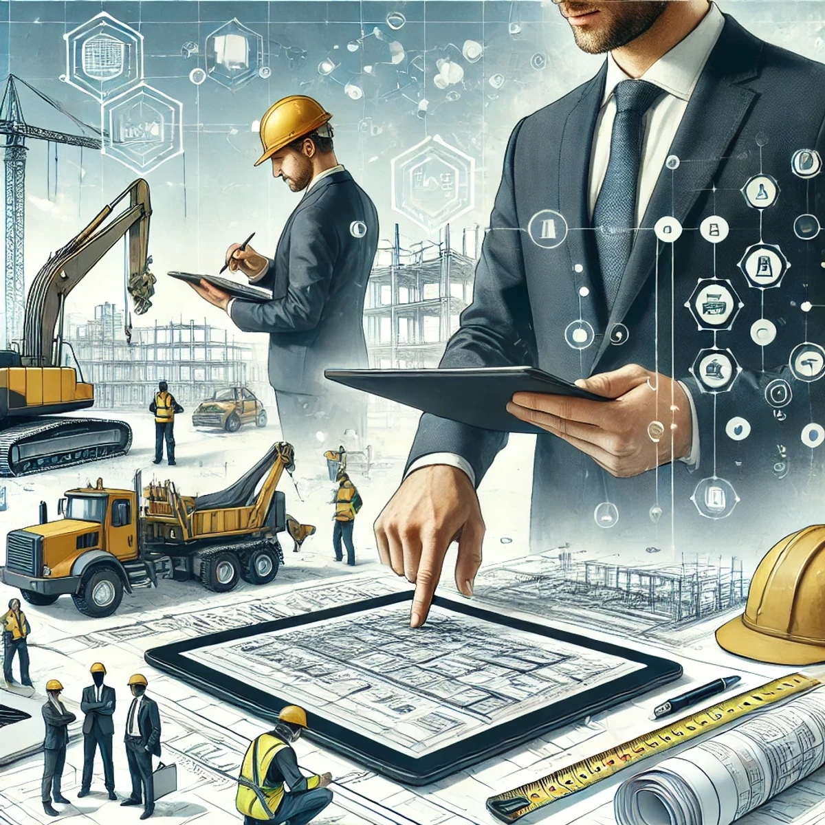 Professional illustration featuring contractors on a construction site using tablets and laptops with budgeting software. The scene includes construction blueprints, safety helmets, heavy machinery, and an organized environment showcasing innovation and efficiency in project management.