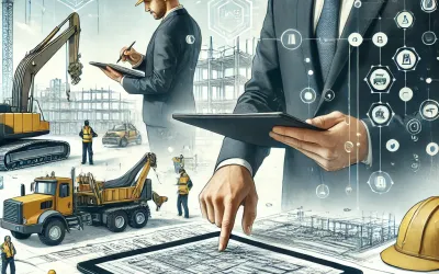 Professional illustration featuring contractors on a construction site using tablets and laptops with budgeting software. The scene includes construction blueprints, safety helmets, heavy machinery, and an organized environment showcasing innovation and efficiency in project management.