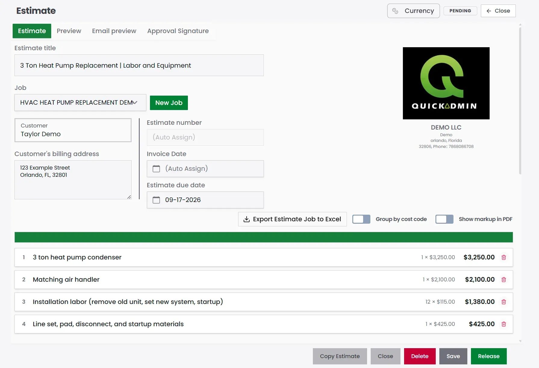 QuickAdmin HVAC estimate with equipment labor and materials line items