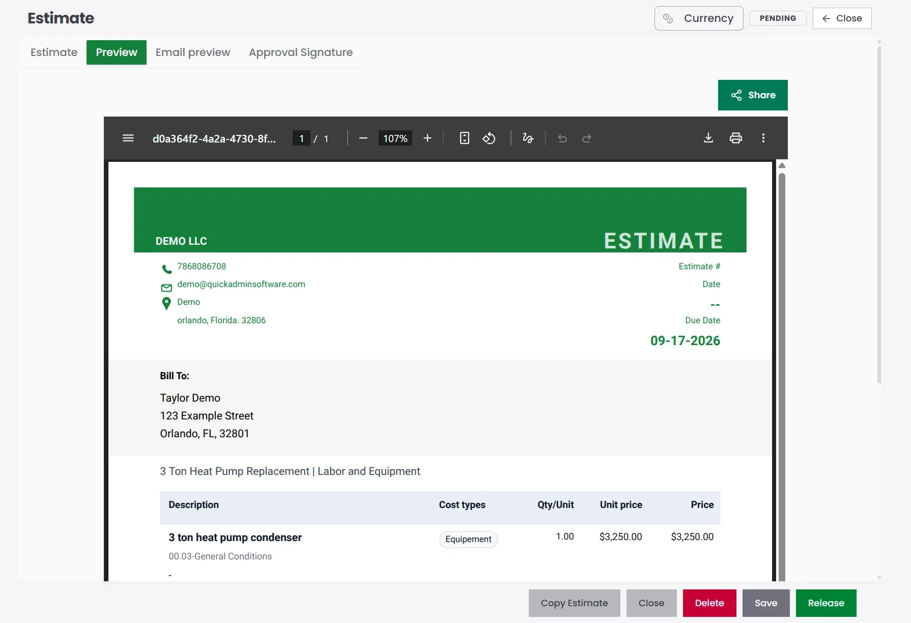 QuickAdmin HVAC estimate PDF preview for Taylor Demo heat pump replacement