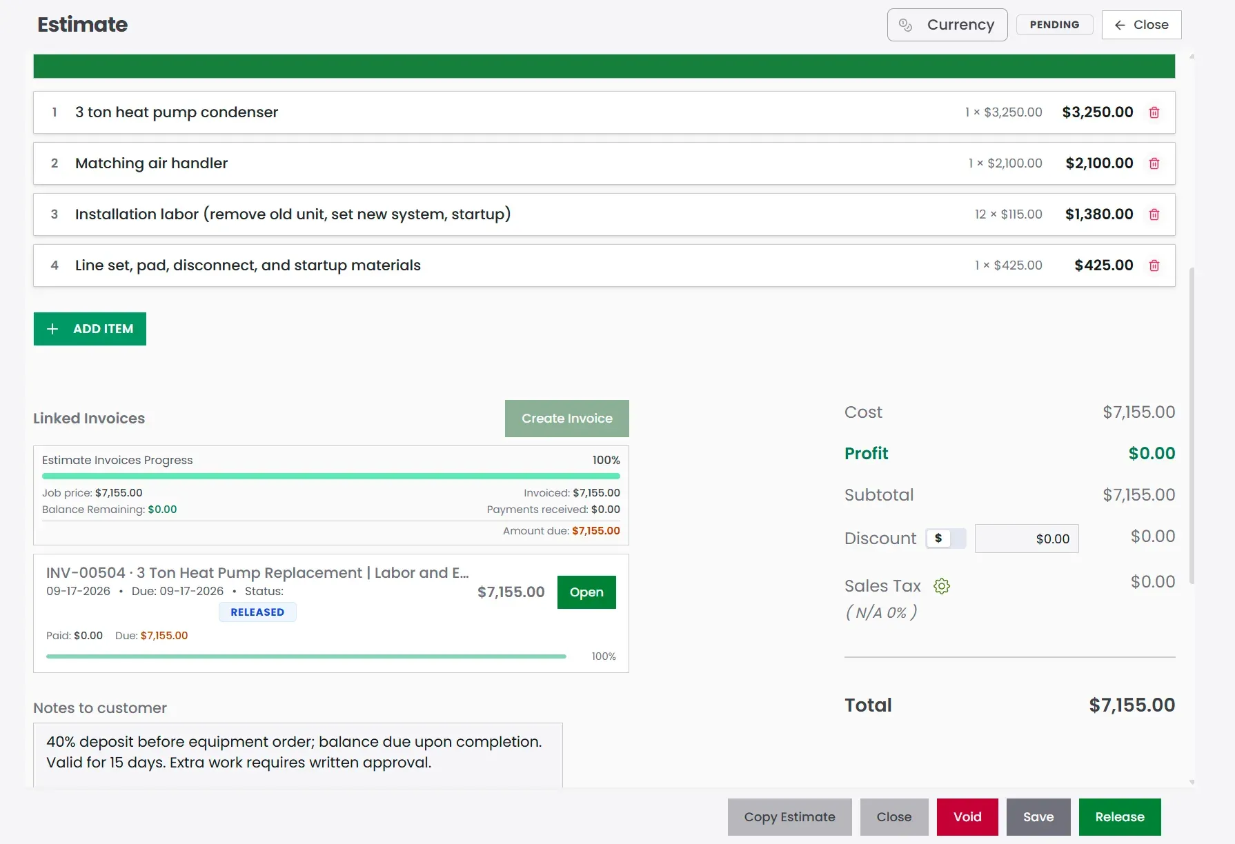 QuickAdmin HVAC estimate linked invoice progress and totals