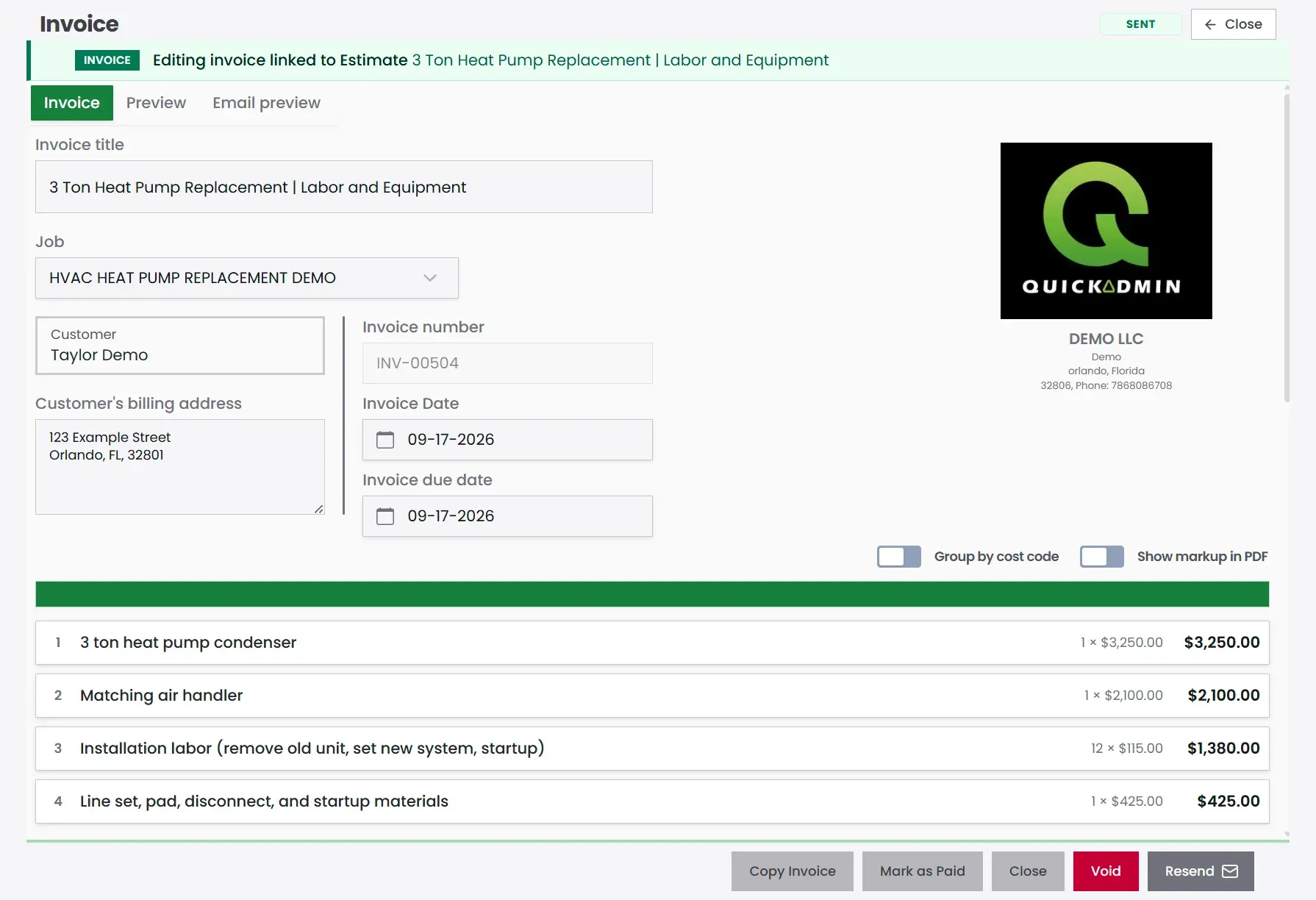 QuickAdmin HVAC invoice line items linked to the approved estimate