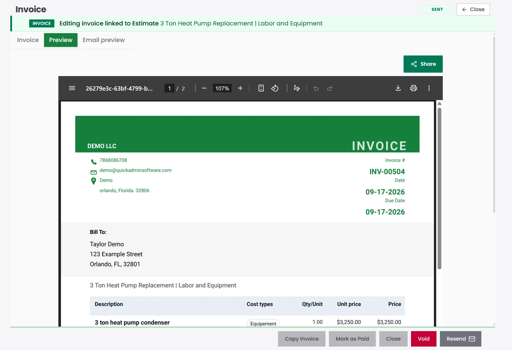 QuickAdmin HVAC invoice PDF preview with line items and due date