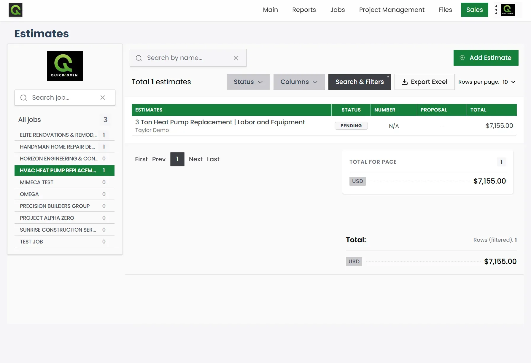 QuickAdmin job estimates list filtered to HVAC Heat Pump Replacement Demo