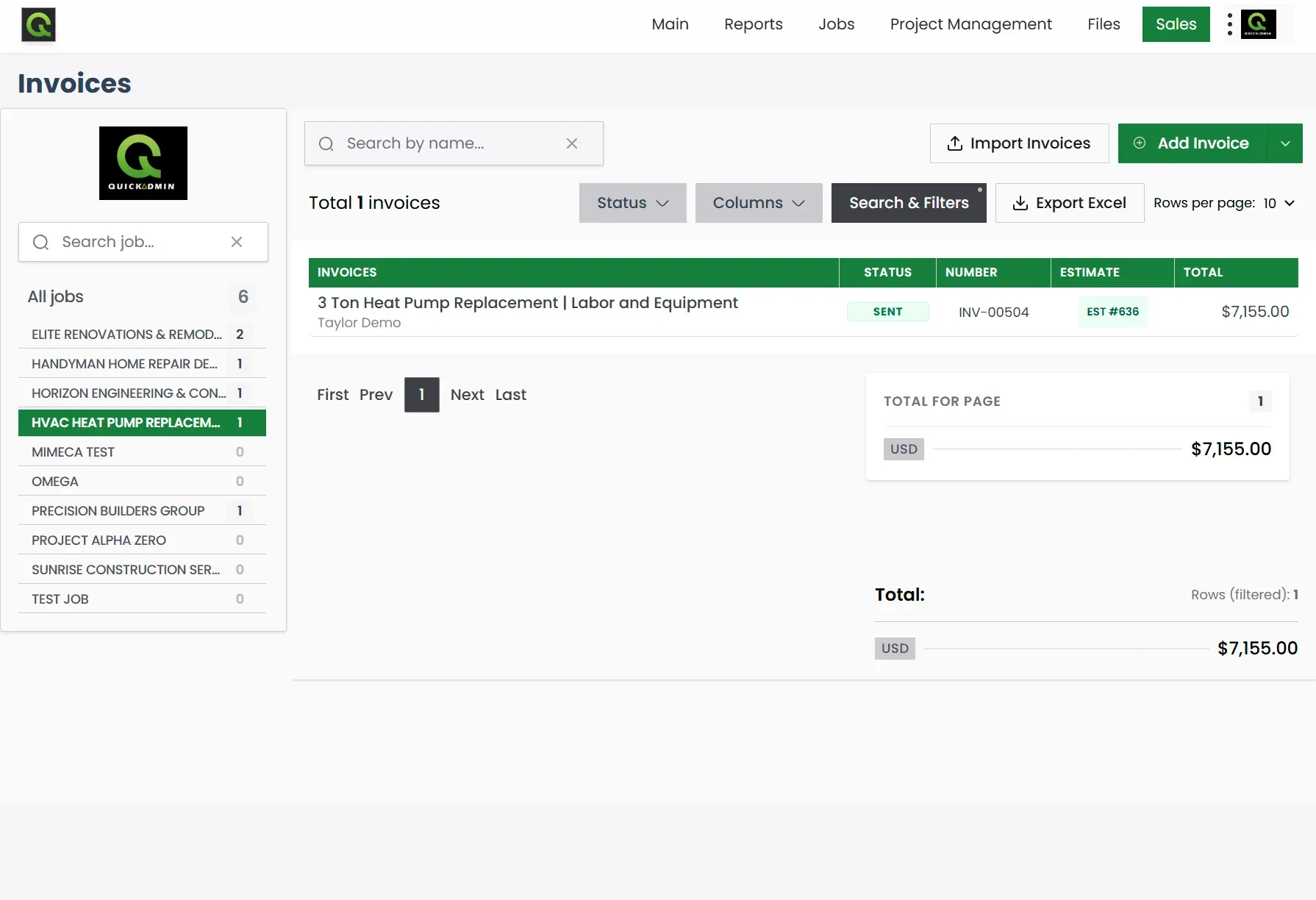 QuickAdmin job invoices list showing HVAC invoice linked to estimate