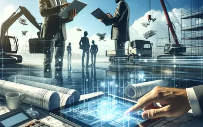 Modern and dynamic illustration of a construction site where contractors use estimating software on tablets and laptops. The scene features construction equipment, blueprints, and safety helmets, emphasizing technology integration in a professional, collaborative environment