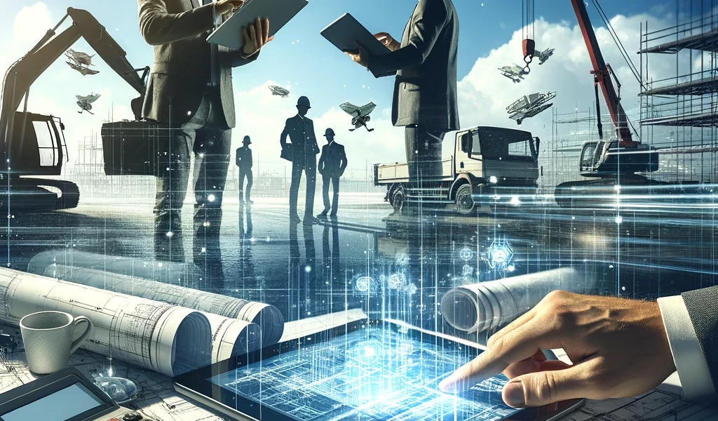 Modern and dynamic illustration of a construction site where contractors use estimating software on tablets and laptops. The scene features construction equipment, blueprints, and safety helmets, emphasizing technology integration in a professional, collaborative environment