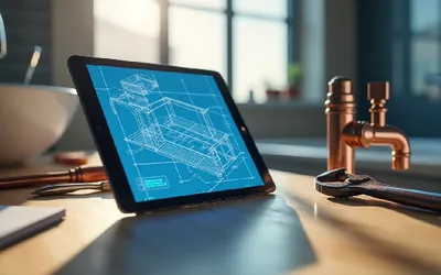 A business owner reviews a digital estimate on a laptop and tablet in a bright, modern office setting, surrounded by documents, charts, and coffee, indicating productivity and financial management. The estimate on the screens features clear, itemized costs and the QuickAdmin logo