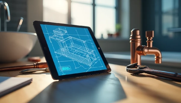 A business owner reviews a digital estimate on a laptop and tablet in a bright, modern office setting, surrounded by documents, charts, and coffee, indicating productivity and financial management. The estimate on the screens features clear, itemized costs and the QuickAdmin logo