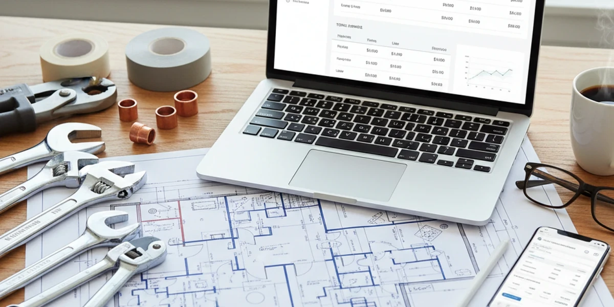 Plumbing tools and blueprints on a desk representing modern estimation software
