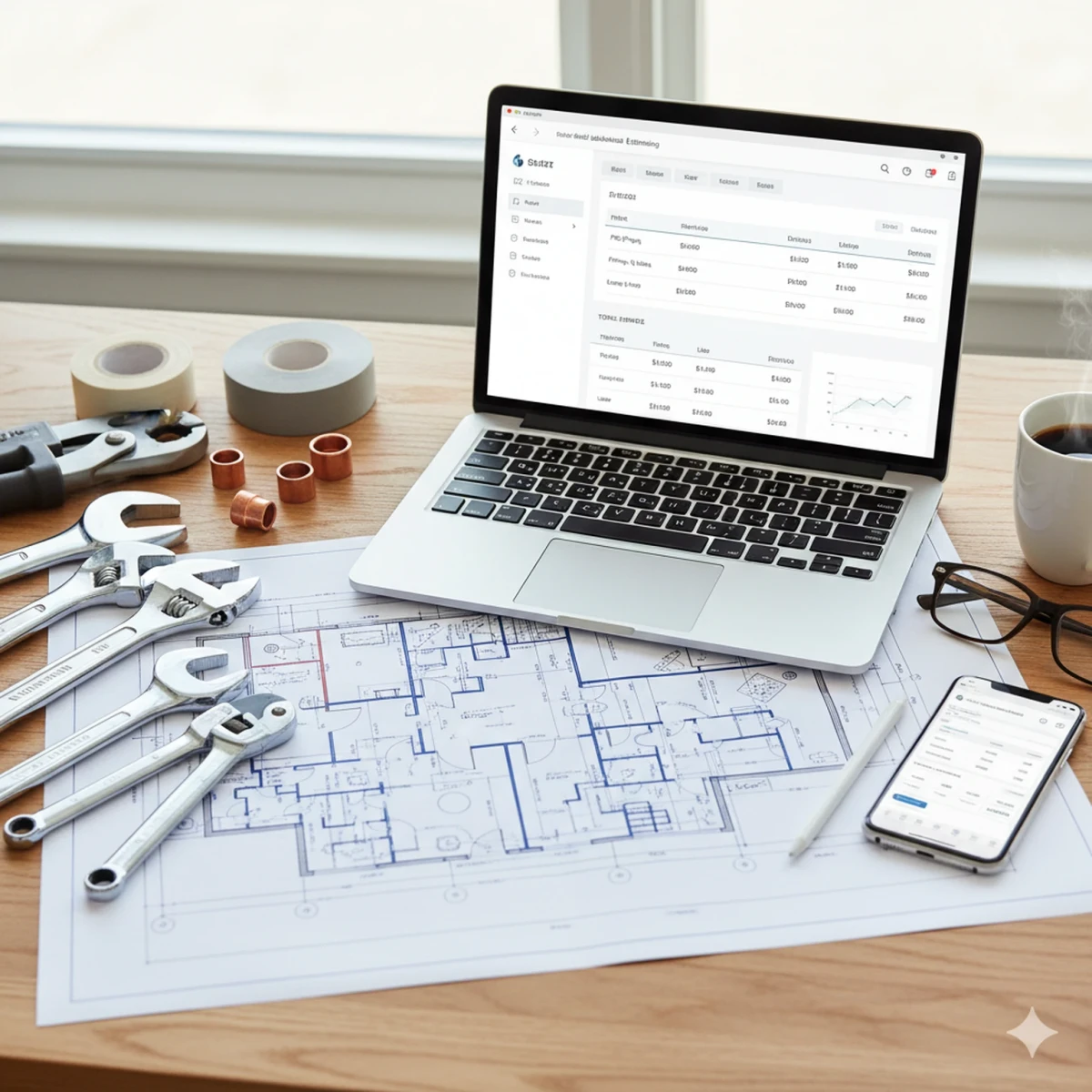 Plumbing tools and blueprints on a desk representing modern estimation software