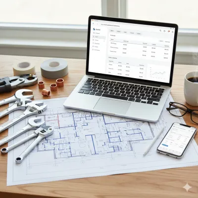 Plumbing tools and blueprints on a desk representing modern estimation software