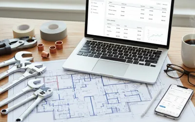 Plumbing tools and blueprints on a desk representing modern estimation software