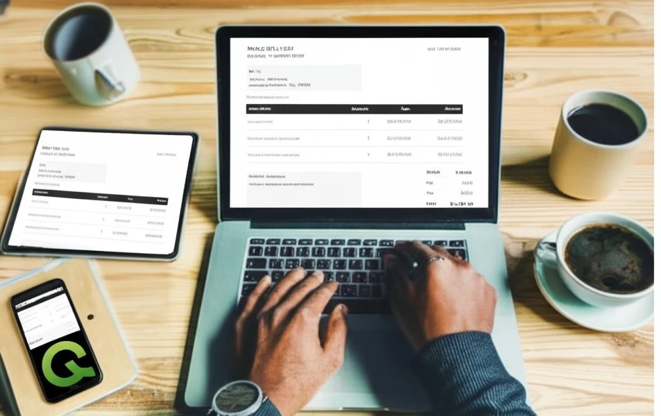 A business owner reviews a digital estimate on a laptop and tablet in a bright, modern office setting, surrounded by documents, charts, and coffee, indicating productivity and financial management. The estimate on the screens features clear, itemized costs and the QuickAdmin logo