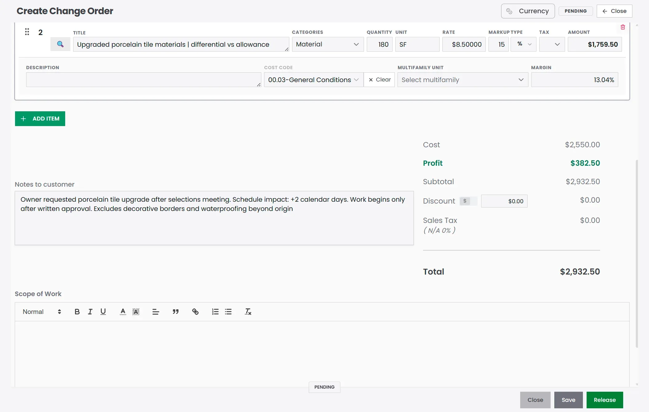 QuickAdmin change order editor with labor materials markup margin and totals
