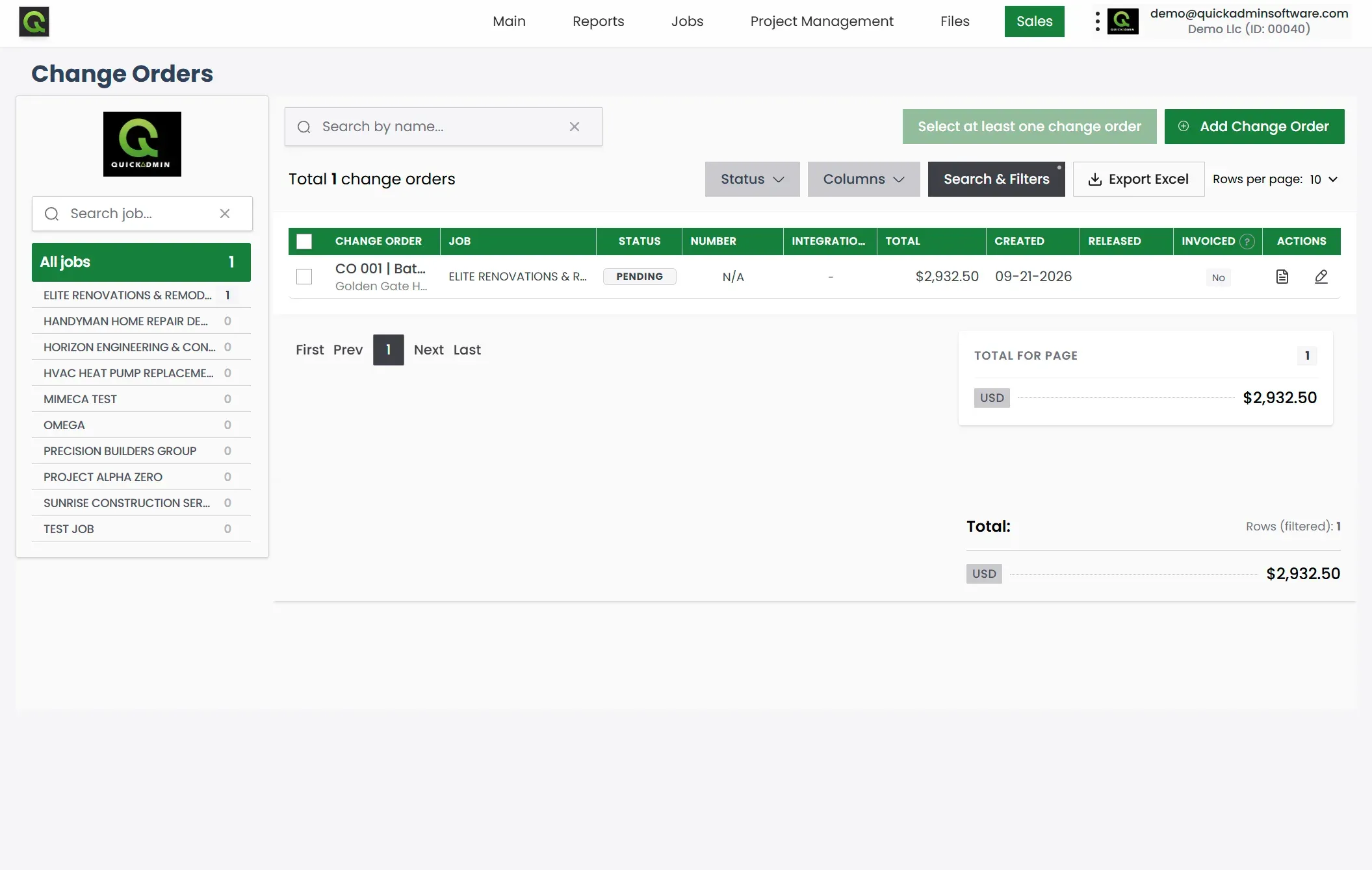 QuickAdmin change orders list filtered by job with CO 001 pending at $2,932.50