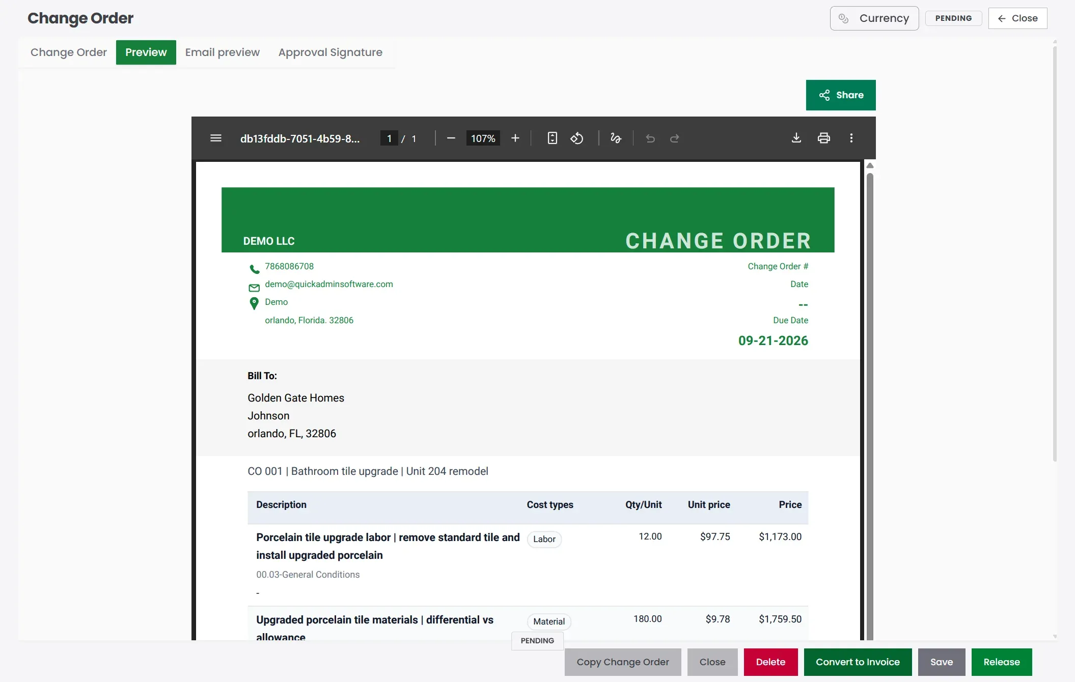 QuickAdmin change order PDF preview for Golden Gate Homes porcelain tile upgrade