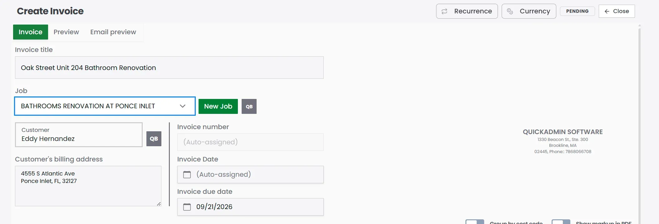 QuickAdmin Create Invoice header with job, customer, due date, and QB badges