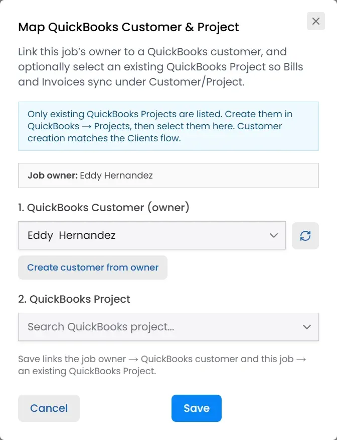 QuickAdmin Map QuickBooks Customer and Project dialog
