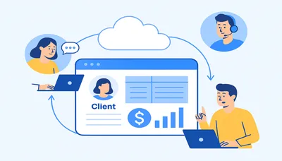 Illustration of remote team members collaborating through cloud-based estimation tools, connected to a central dashboard showing client and financial data.