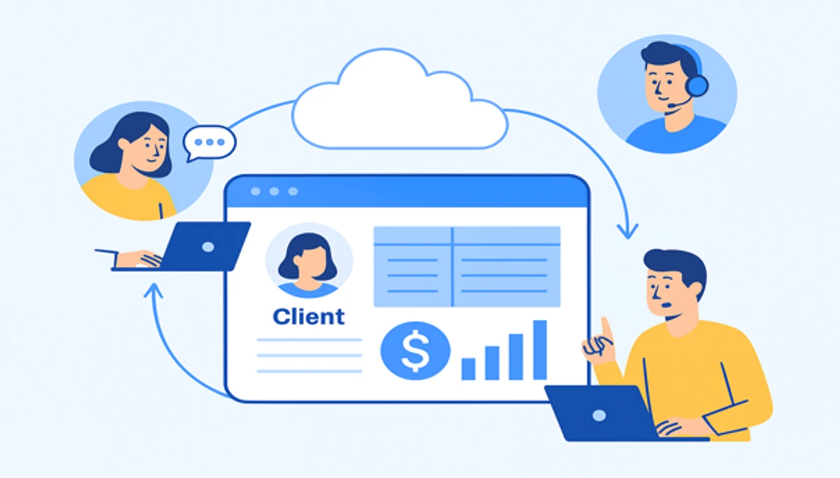 Illustration of remote team members collaborating through cloud-based estimation tools, connected to a central dashboard showing client and financial data.