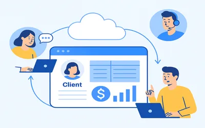 Illustration of remote team members collaborating through cloud-based estimation tools, connected to a central dashboard showing client and financial data.