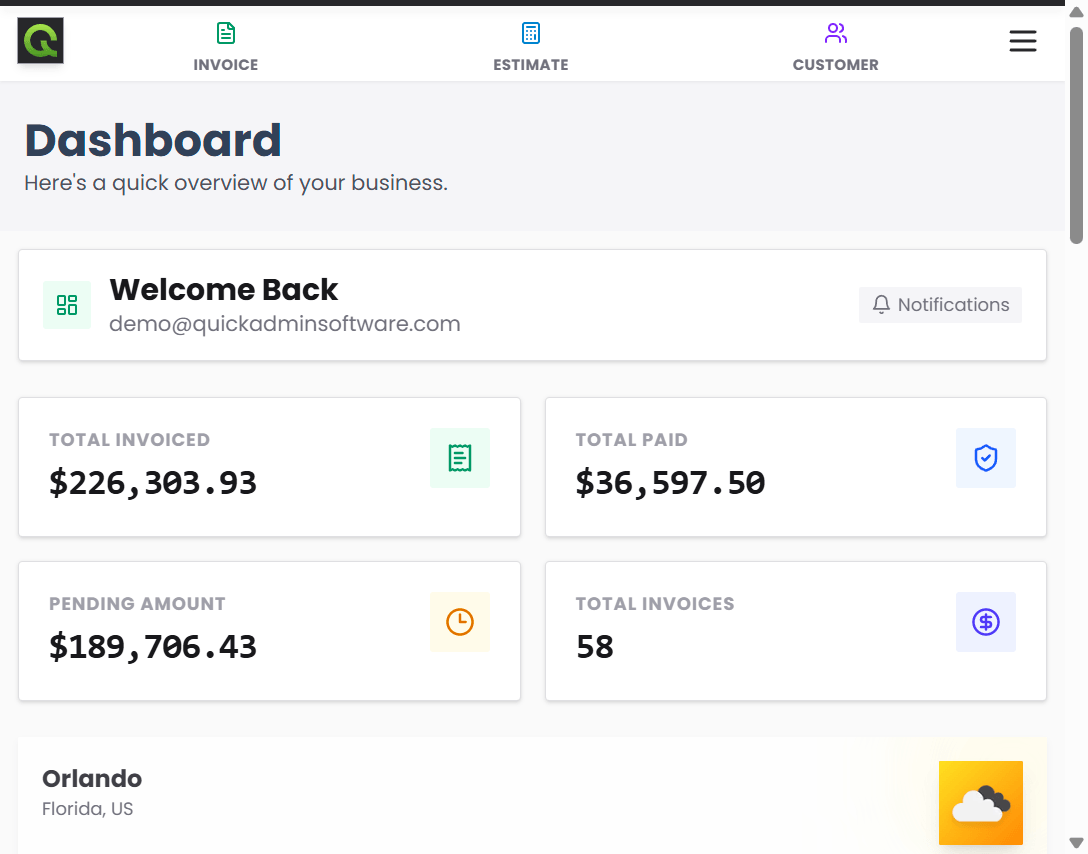 QuickAdmin business dashboard